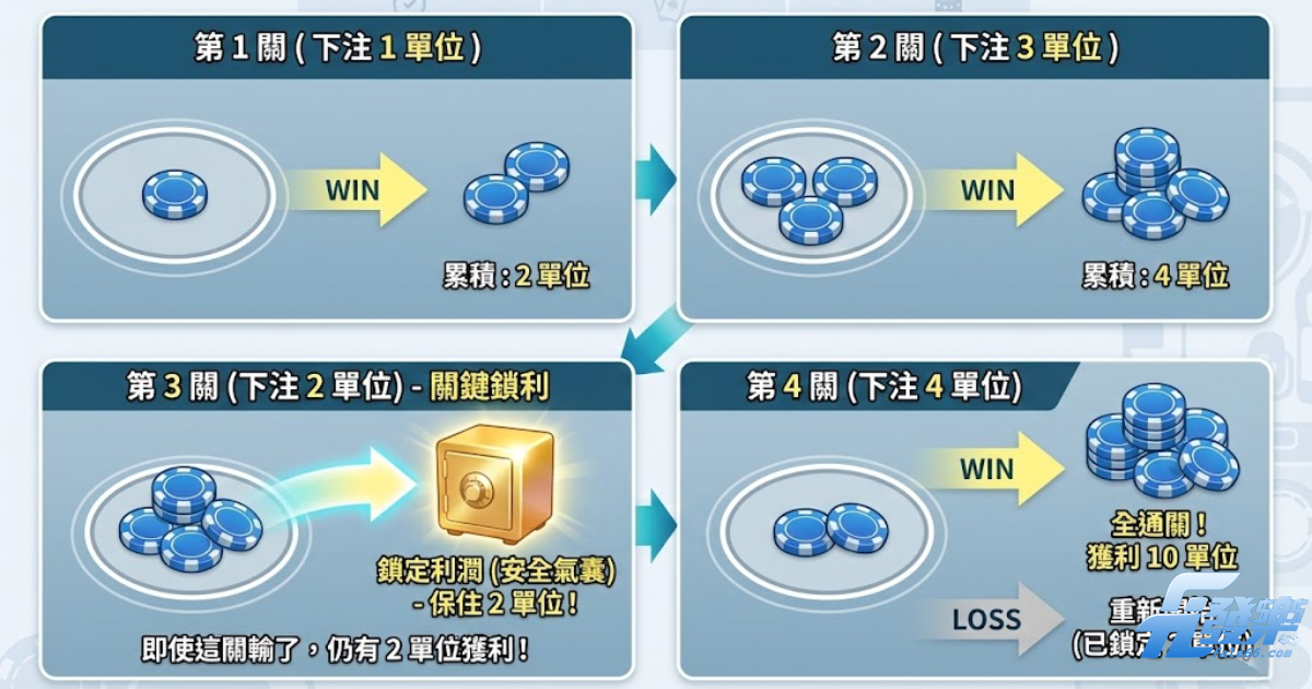 1-3-2-4投注法流程圖：獲利鎖定機制